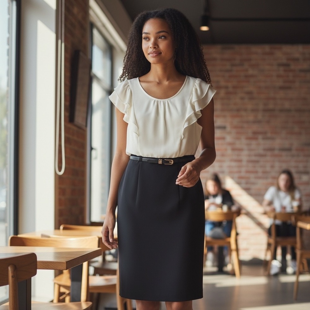 ALYX Dress Womens 6 Cream Black Ruffle Sleeve Belted Sheath Career Sheath Dress